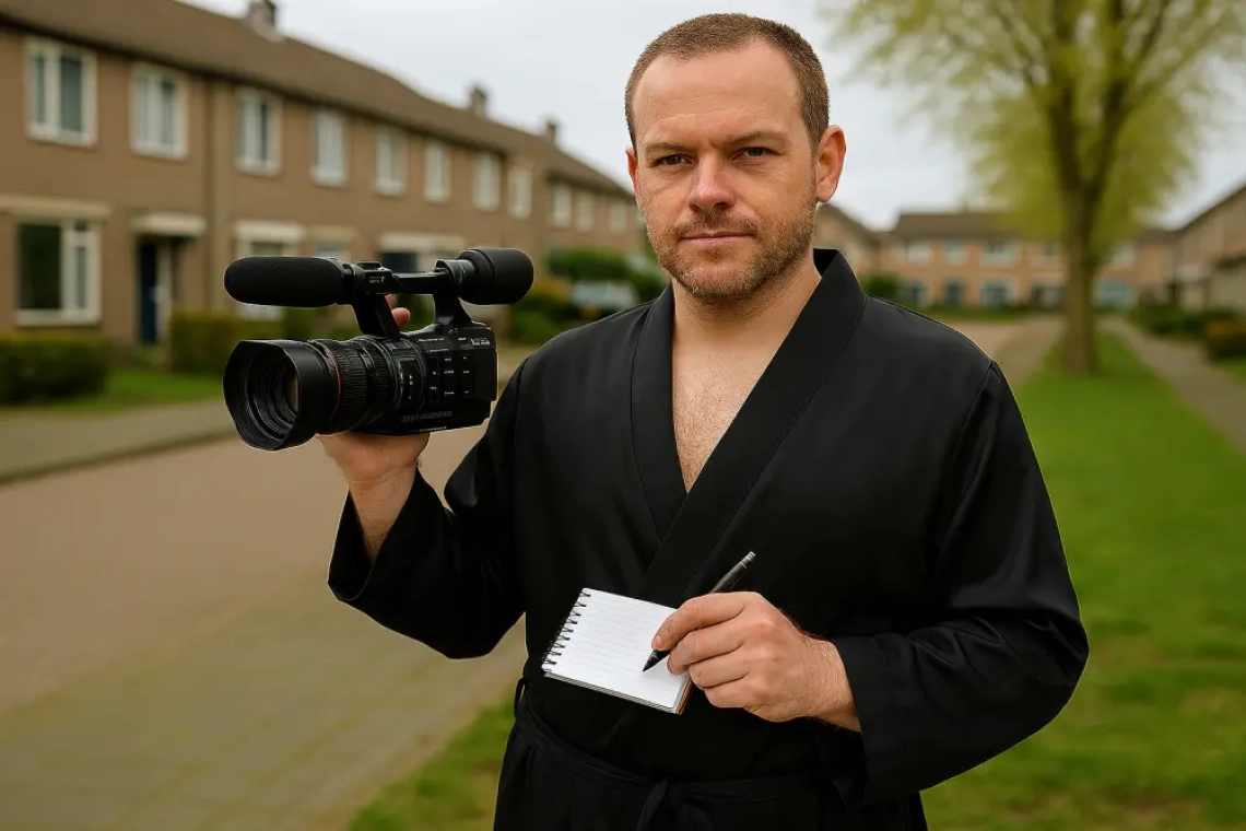Kandidaat-raadslid Ewoud N. in Heenvliet poetst zijn camera voor een scriptvergadering, gekleed in badjas en omringd door ringlampen — symbool voor zijn dubbele carrière tussen raadszaal en filmset.